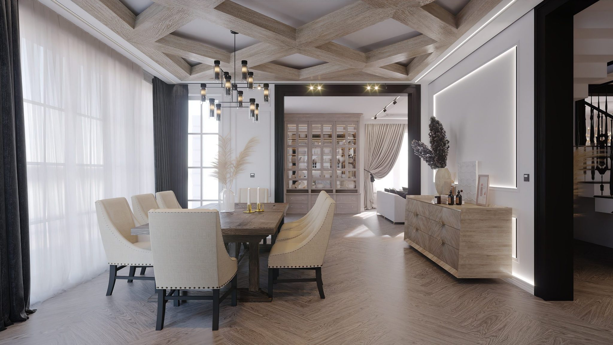 jasna jadalnia z drewnianym sufitem projektowanie wnętrz Warszawa