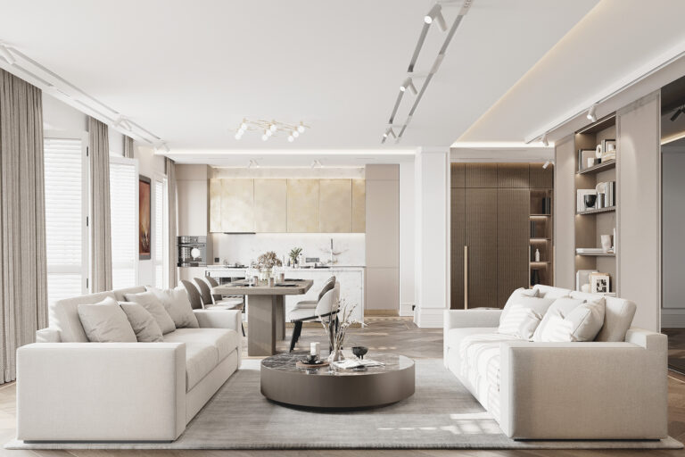 Architekt wnętrz Warszawa – nowoczesny salon z aneksem kuchennym zaprojektowany przez Golden Room