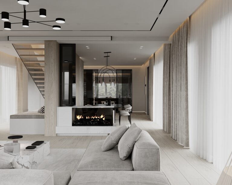 Projektant wnętrz Warszawa – aranżacja przestronnego salonu z kominkiem w domu jednorodzinnym