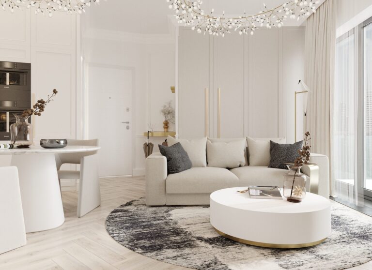 Projektowanie wnętrz Warszawa – elegancki salon z aneksem i jadalnią w stylu nowoczesnym