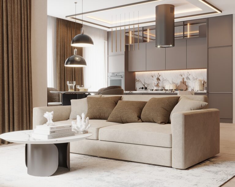 Projektant wnętrz Warszawa – ciepła aranżacja mieszkania 90 m² w odcieniach brązu i drewna.