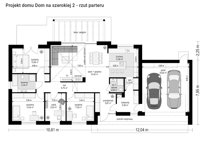 Projekt funkcjonalny rozkładu pomieszczeń w domu na szerokiej 2