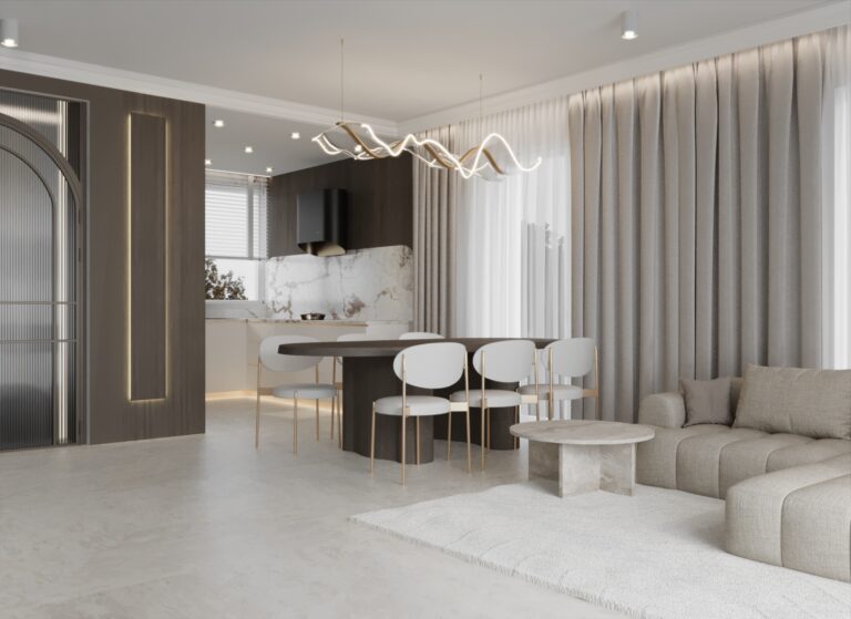 Projektowanie wnętrz Warszawa – dom 130 m² z przestronnym salonem, jadalnią i reprezentacyjnym wejściem.