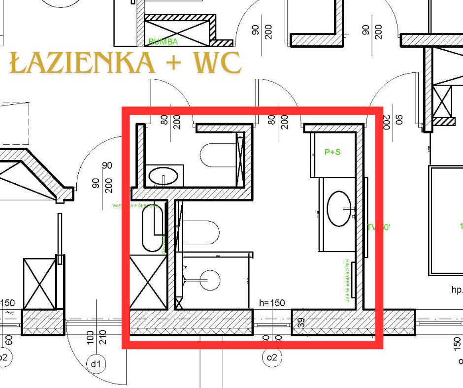 Rzut Funkcjonalny Słoneczny Wariant E - łazienka i WC zmiany aranżacyjne