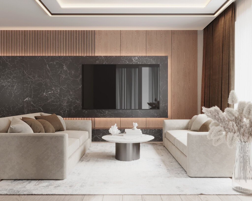 Projekt salonu z aneksem kuchennym 25m2 – nowoczesny układ z dwiema sofami i elegancką zabudową RTV