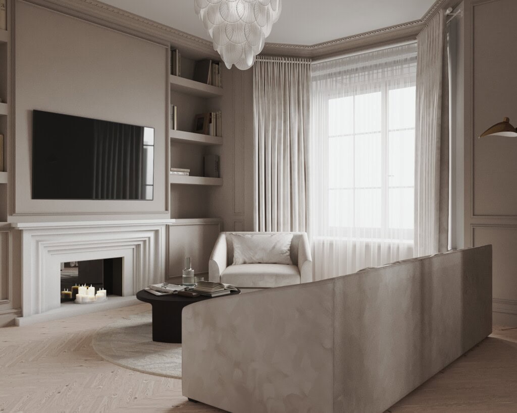 Aranżacja salonu 25m2 z kominkiem i zabudową ścienną – eleganckie wnętrze o harmonijnych proporcjach