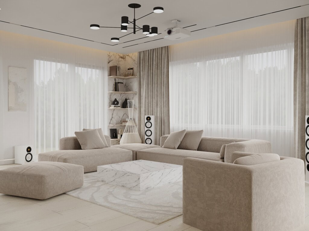 Aranżacja salonu 40m2 z dużą sofą modułową – przestronny salon z panoramicznymi oknami i naturalnym światłem