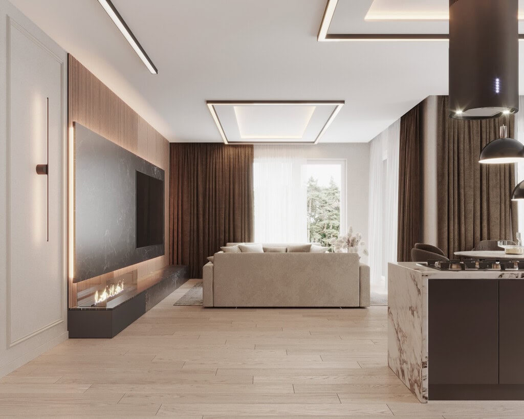 Projekt salonu z aneksem kuchennym 25m2 – przestrzeń z kominkiem, dużą sofą i harmonijnym przejściem do kuchni