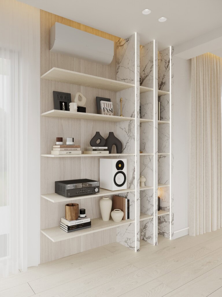 Aranżacja salonu 40m2 z elegancką zabudową i marmurowymi półkami – przestronne wnętrze z uporządkowaną kompozycją