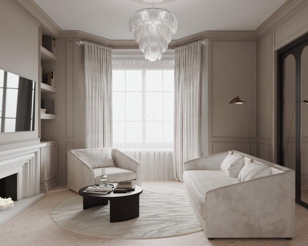 Aranżacja salonu 25m2 z oknem panoramicznym – elegancka kompozycja światła, proporcji i jasnych tkanin