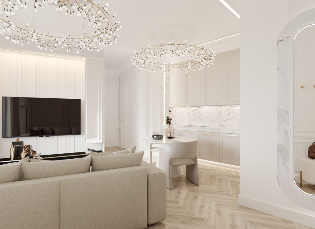 Mały aneks kuchenny z salonem w projekcie Golden Room, sofa przy kuchni i efektowne oświetlenie sufitowe