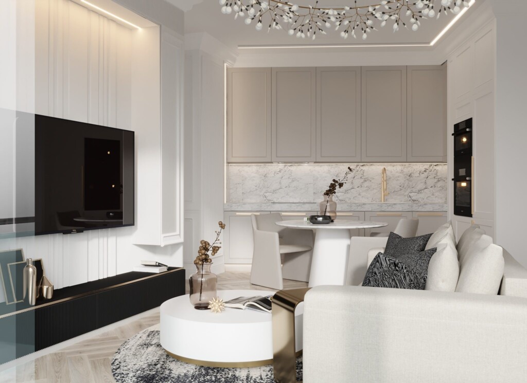 aranżacja aneksu kuchennego z salonem w jasnych kolorach