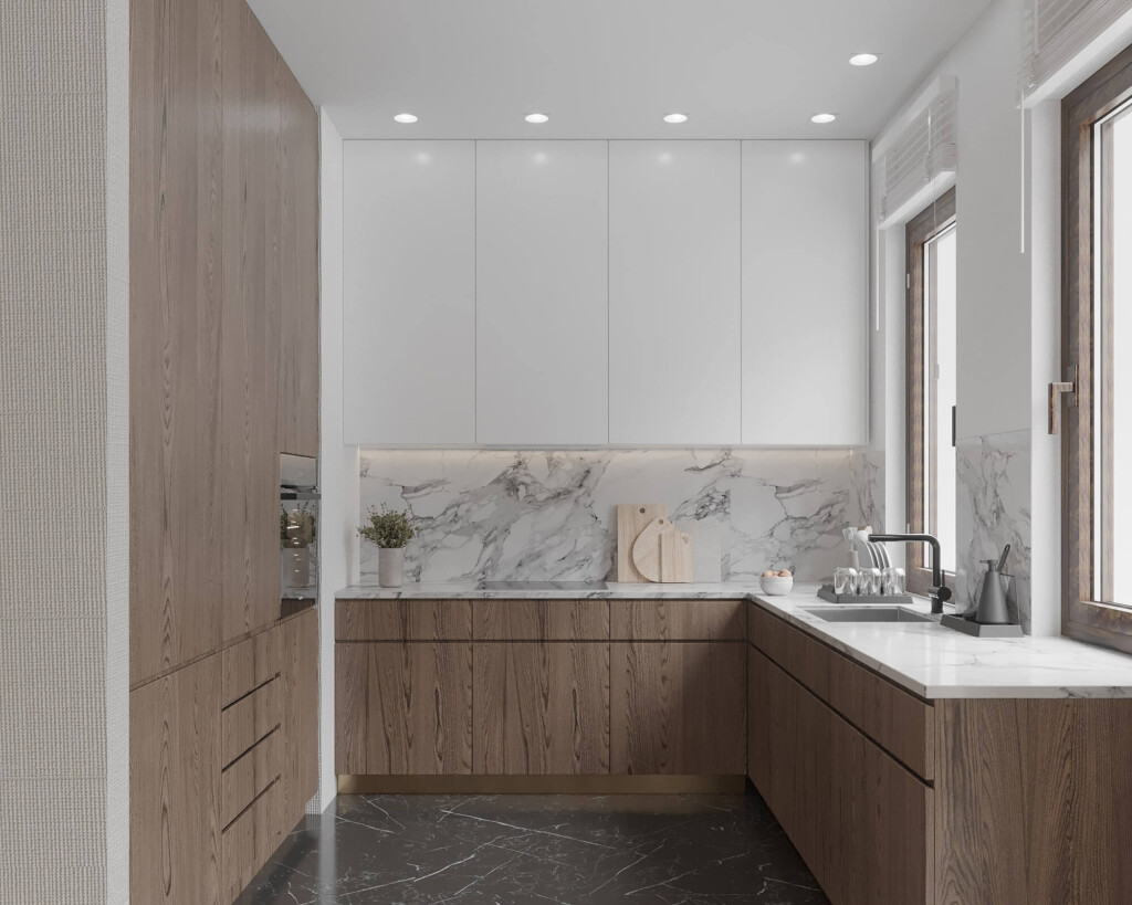 Projekt kuchni 5m2 w układzie U, białe fronty, drewniane szafki i marmurowy blat – Golden Room