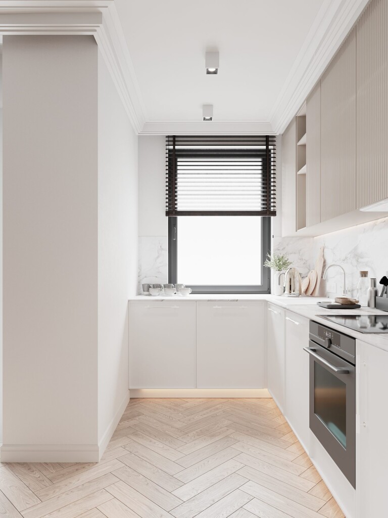 Projekt kuchni 6m2 w kształcie litery L, białe fronty, drewniana podłoga i blat roboczy przy oknie