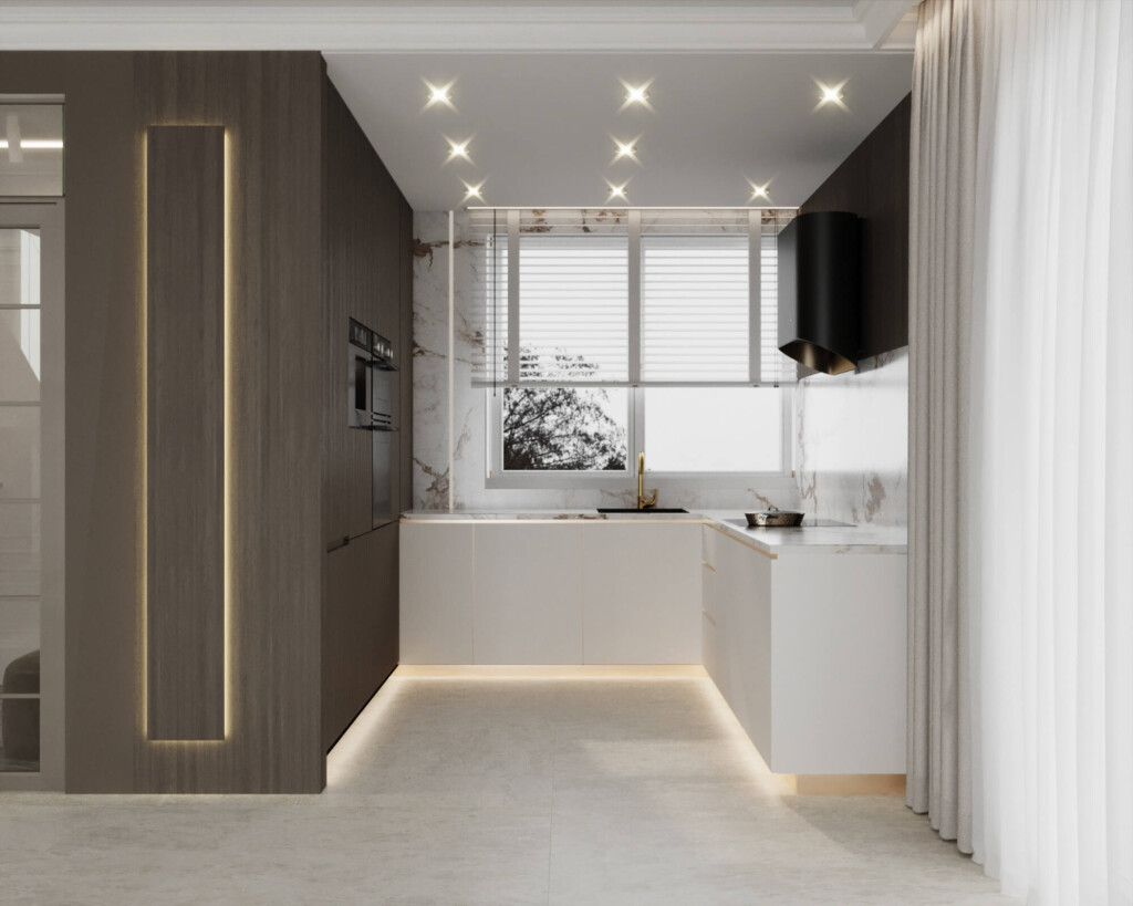 Widok na kuchnię 7m2 w układzie liniowym, jasne fronty, ciemna ściana z zabudową i otwarcie w stronę salonu