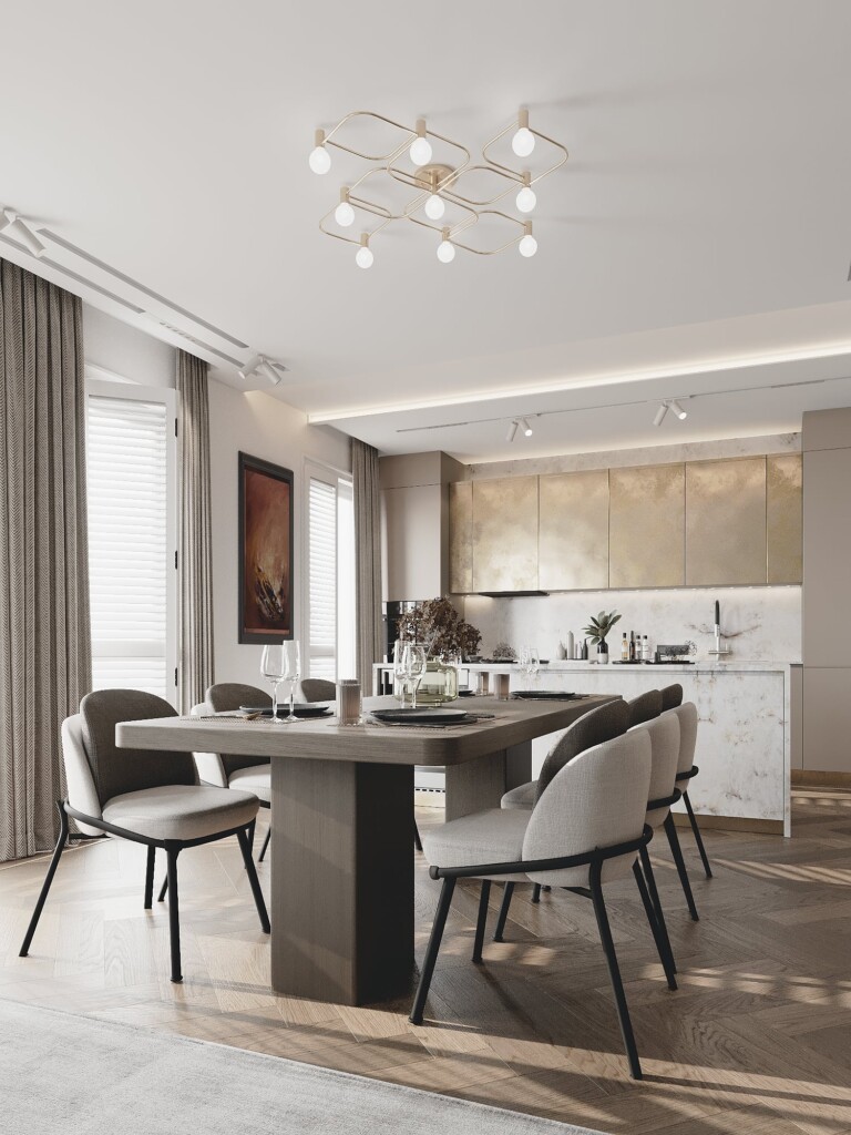 Aneks kuchenny z wyspą połączony z jadalnią, nowoczesny stół i lampy nad blatem wyspy