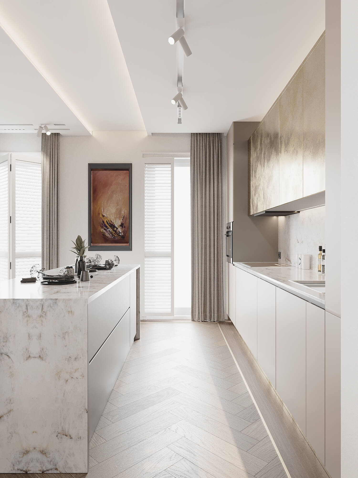 Projekt kuchni z wyspą w aneksie, białe szafki, złote fronty i blat z marmuru – Golden Room