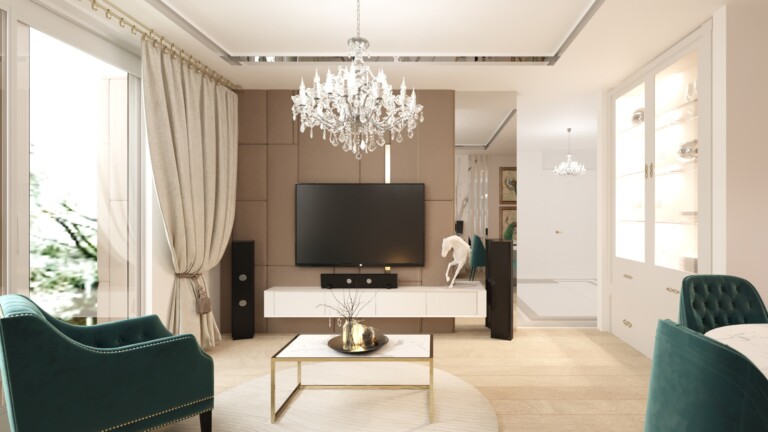 Projekt wnętrza 70 m2 Szyk – modne nowoczesne wnętrze mieszkania 70 m2 – projekt wnętrza Golden Room