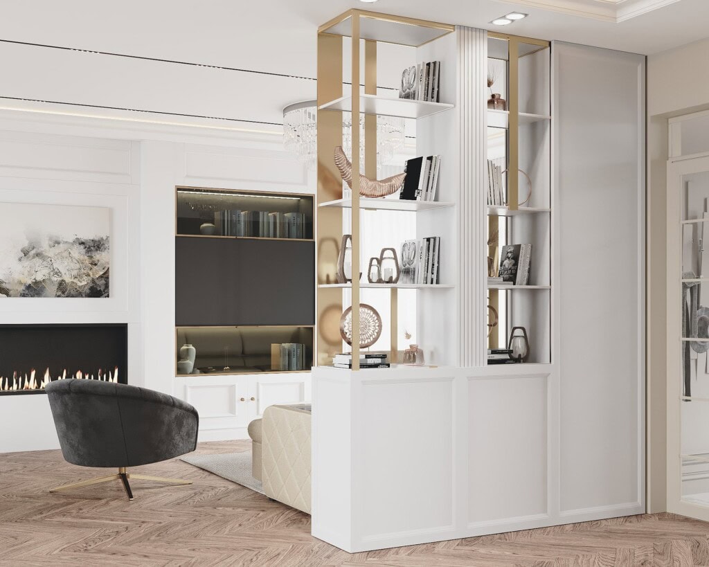 Aranżacja salonu 16m2 z dekoracyjną zabudową – funkcjonalny podział stref w małym salonie