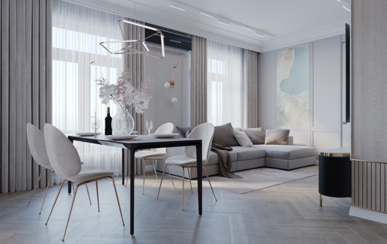 Projekt wnętrza 100 m2 Sen – spokojne jasne wnętrze sypialni i strefy dziennej, projekty wnętrz Golden Room