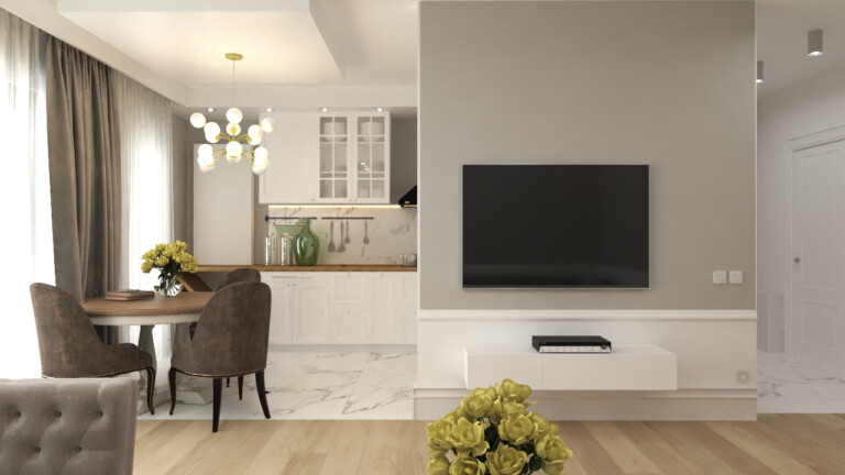 Projekt wnętrza 70 m2 Ciepło – jasne nowoczesne wnętrze mieszkania, realizacje wnętrz w galerii wnętrz Golden Room