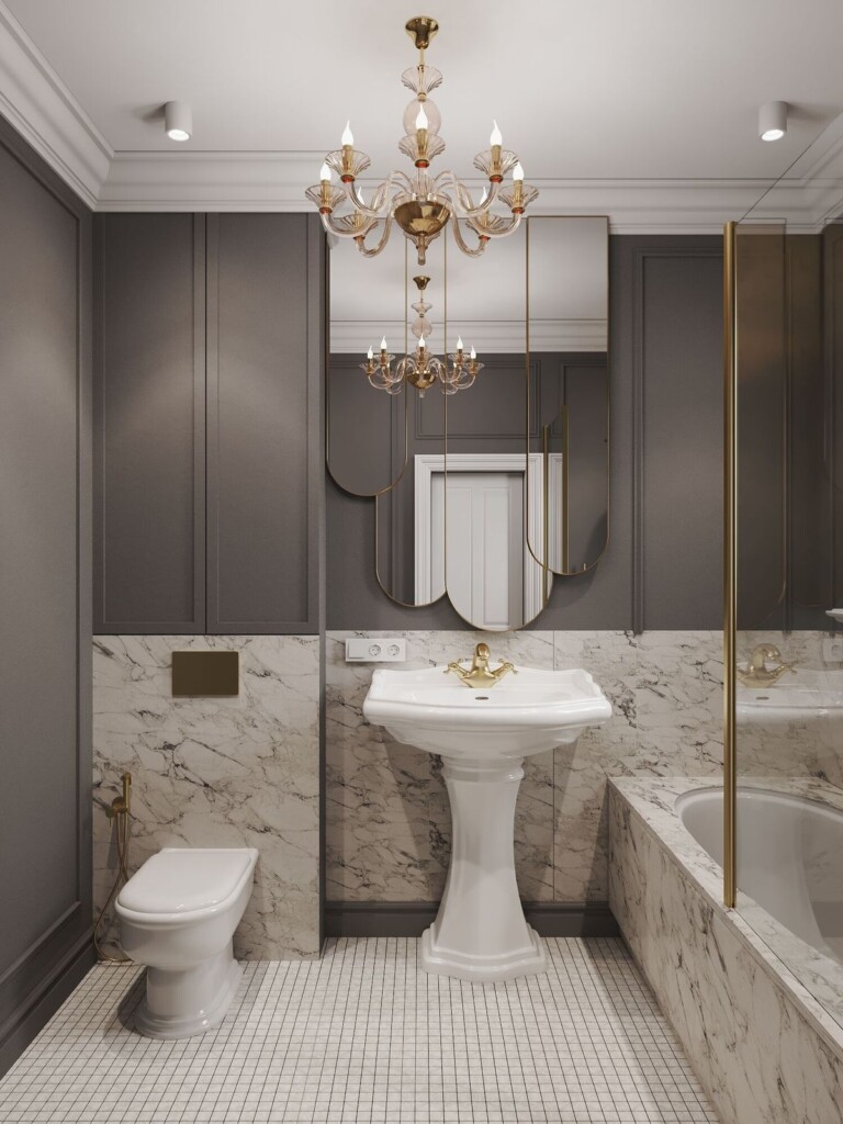 Elegancka łazienka w mieszkaniu z marmurem i złotymi dodatkami – projekty łazienek, realizacje łazienek w mieszkaniach i domach – Golden Room