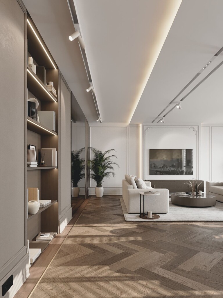 Nowoczesny salon z regałem, sofą i dużym oknem – projekty salonów, realizacje salonu – Golden Room