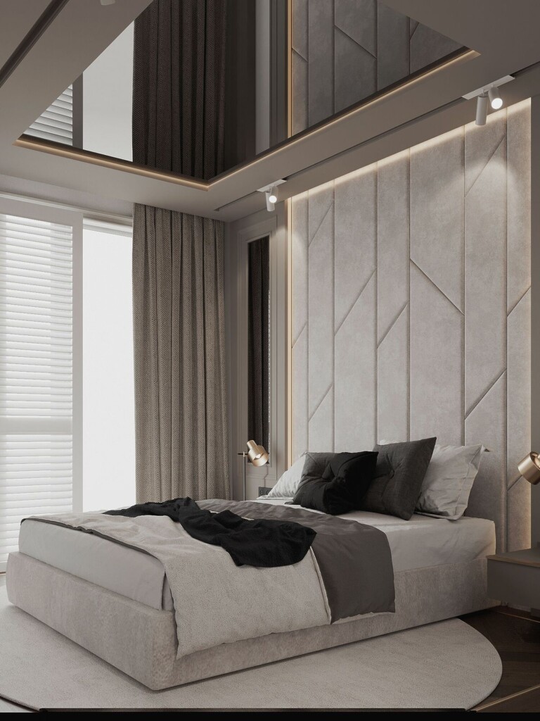 Nowoczesna sypialnia z tapicerowanym zagłówkiem i dużym łóżkiem – projekty sypialni, realizacje sypialni – Golden Room