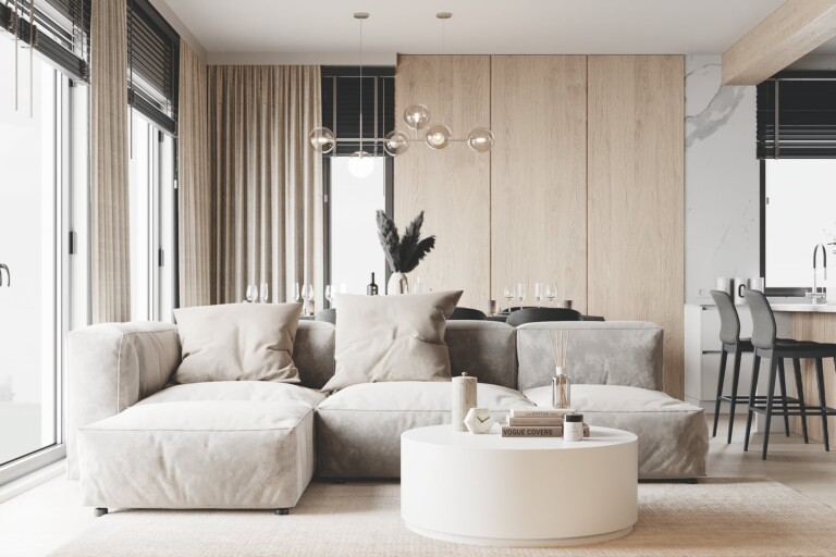 Projekt wnętrza 90 m2 Spaniel – ładne wnętrze salonu i kuchni, projekty wnętrz Golden Room