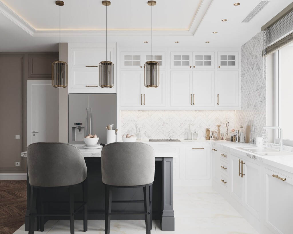Nowoczesna kuchnia 10m2 z wyspą, marmurowym pasem roboczym i górnymi szafkami do sufitu