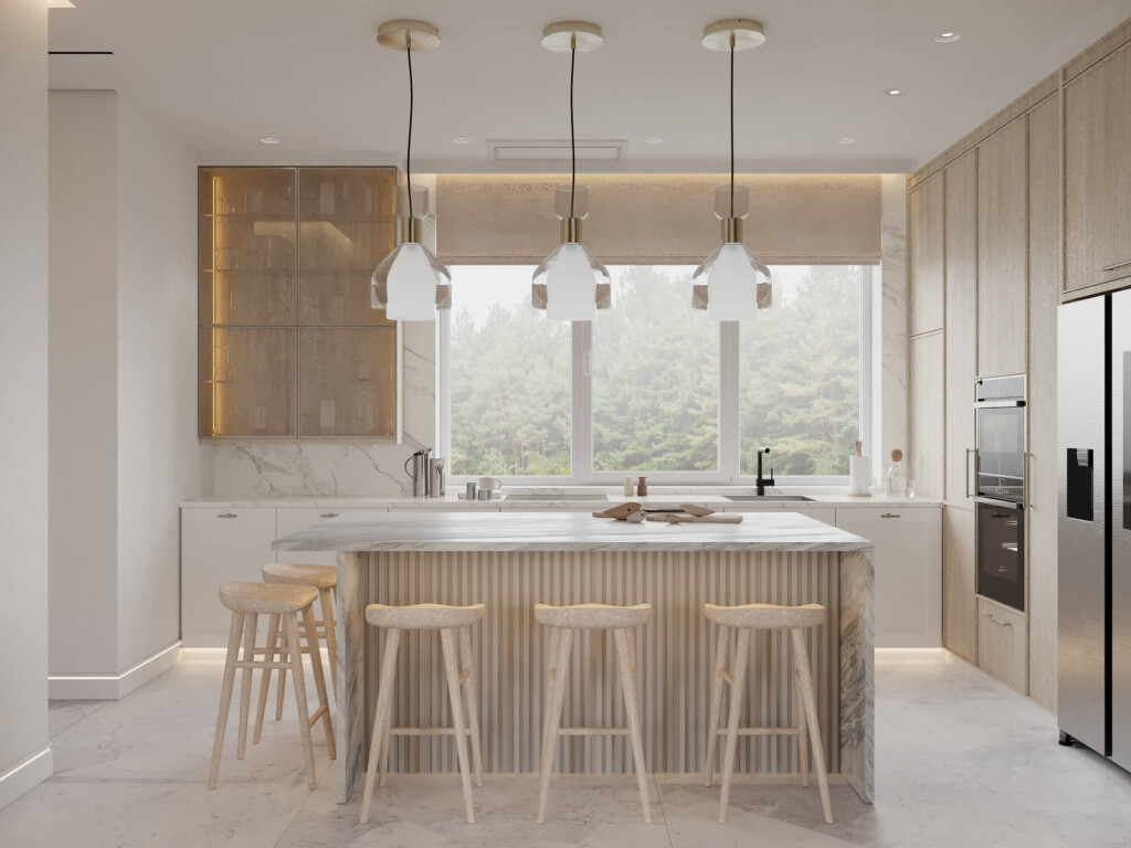 Rodzinna kuchnia 9–10m2 z dużym stołem i lampami nad blatem, jasna elegancka aranżacja