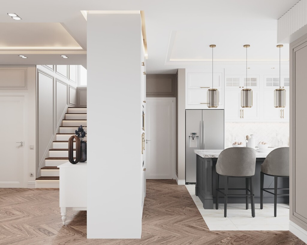 Kuchnia 10m2 z wyspą otwartą na salon, jasne fronty i strefa śniadaniowa przy blacie