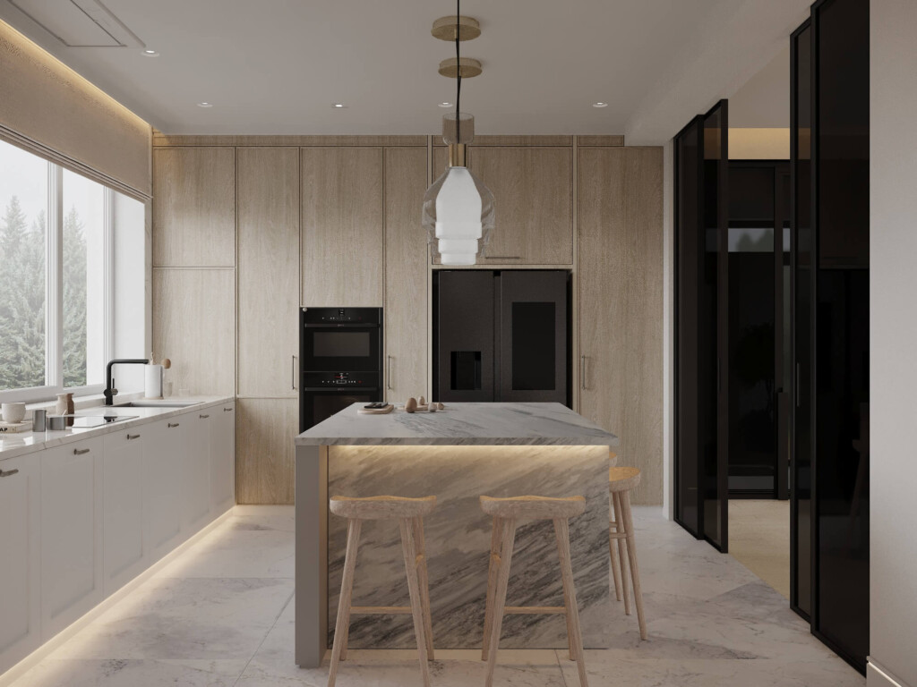 widok na kuchnię 10m2 z wyspą przez przesuwne drzwi szklane, eleganckie oświetlenie dekoracyjne