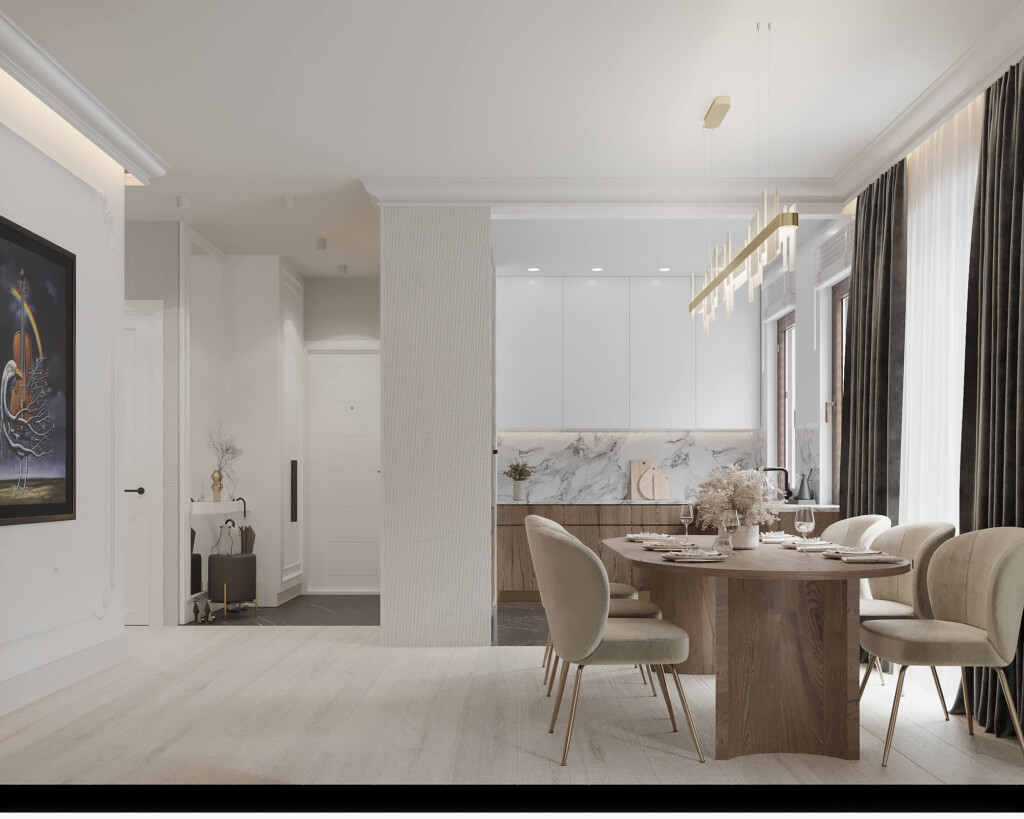 Mała kuchnia 5m2 otwarta na jadalnię, jasne fronty i drewniane wykończenie w jednym wnętrzu