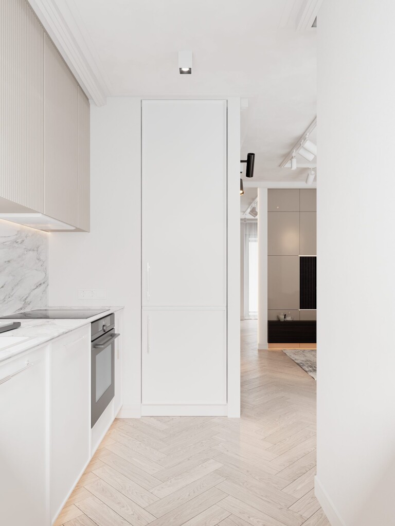 Kuchnia 6m2 w bloku z jasną zabudową do sufitu i ergonomicznym układem – Golden Room