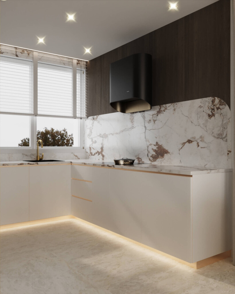 Projekt kuchni 7m2 bez górnych szafek, jasny blat i podświetlana podłoga w nowoczesnej aranżacji