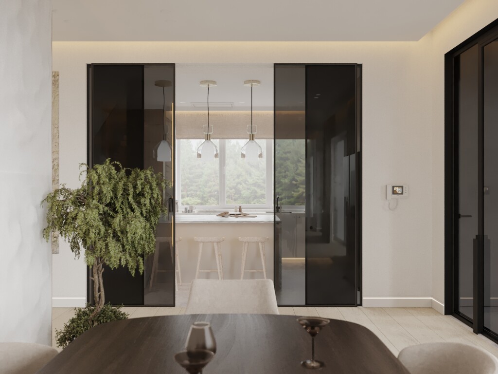 Kuchnia 10m2 otwarta na jadalnię, widok na stół i wysoką zabudowę z piekarnikiem