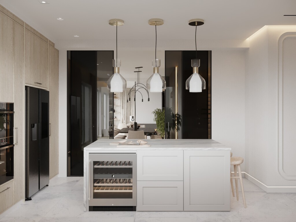 Kuchnia 10m2 z wyspą, zabudową typu słupki i lodówką, nowoczesna strefa gotowania i przechowywania