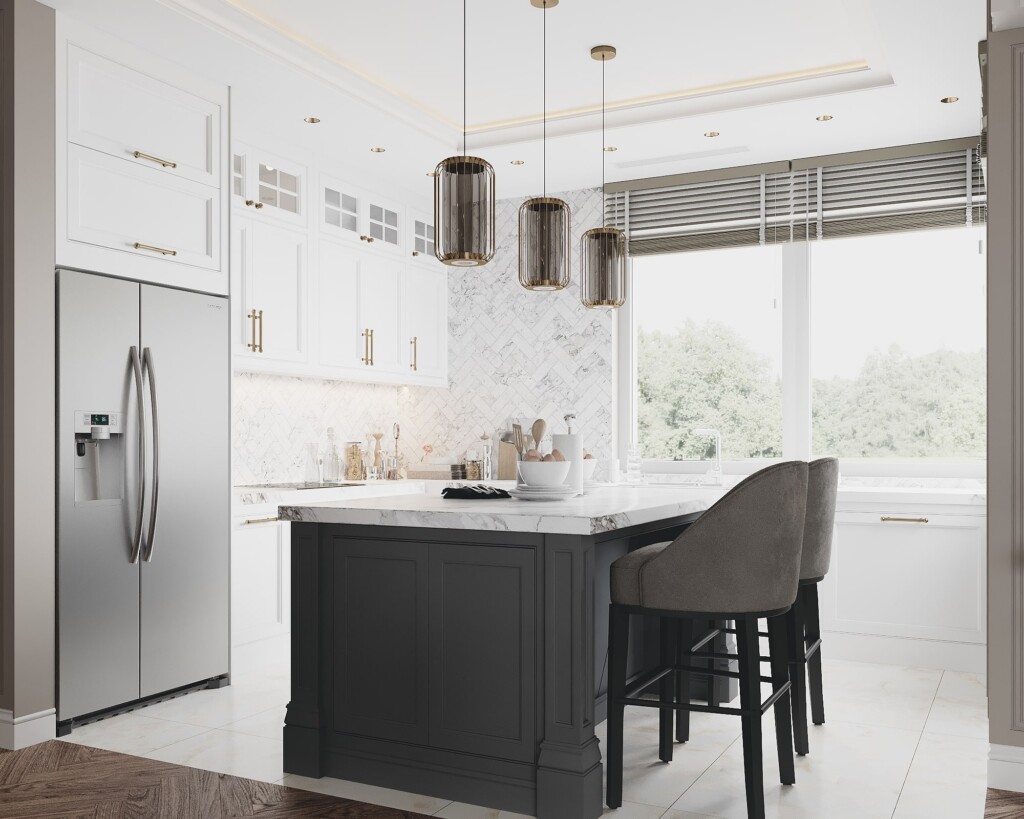 Projekt kuchni 9m2 z wyspą i lodówką side by side, jasna zabudowa i czarne hokery – Golden Room