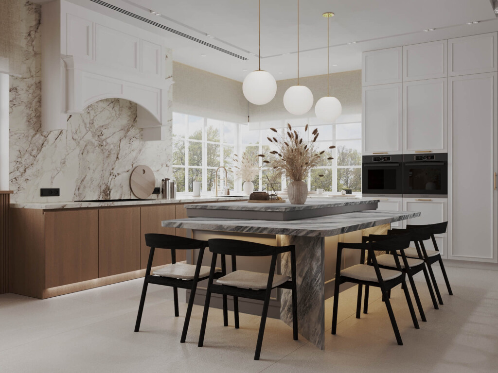 projekt aneksu kuchennego z wyspą, marmurowy blat, białe fronty i dekoracyjne oświetlenie w eleganckiej kuchni