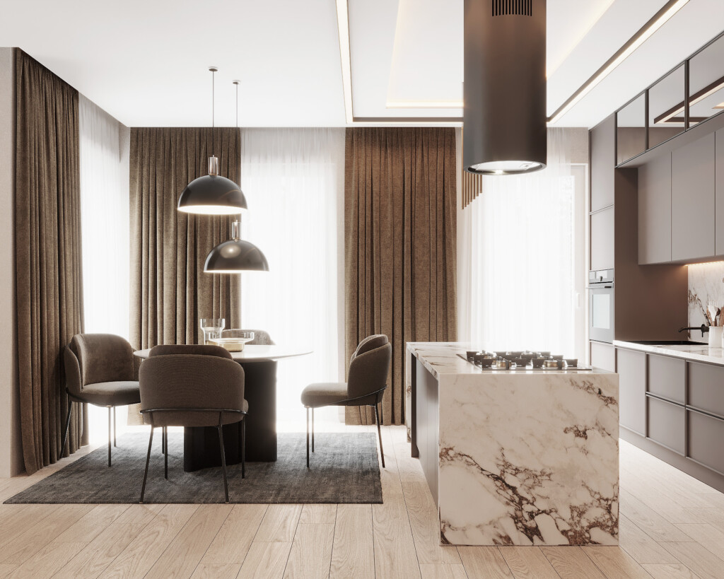 projekty aneksu kuchennego z wyspą, nowoczesna kuchnia z ciemnymi frontami i marmurową wyspą