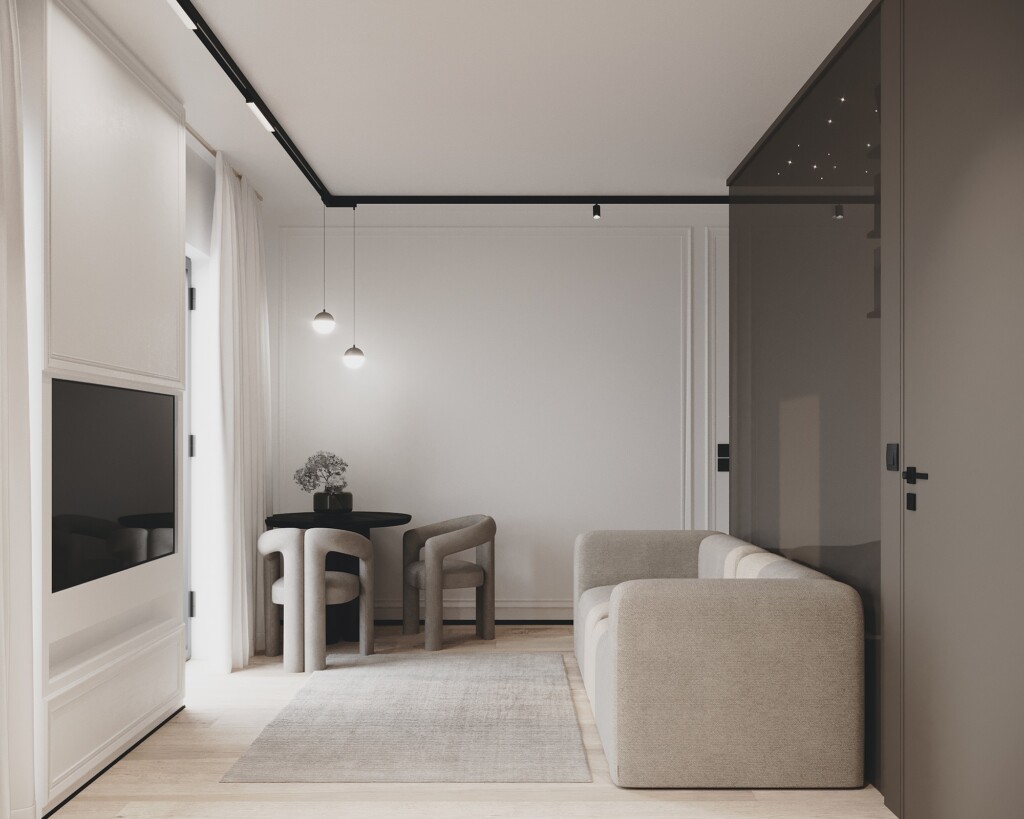 Salon w bloku 16m2 – aranżacja z jasną sofą i małym stołem, optycznie powiększająca przestrzeń
