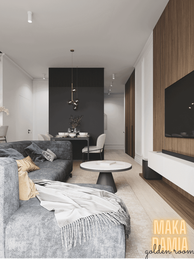 Aranżacja salonu 18m2 z kuchnią i jadalnią – wygodny projekt małego salonu w nowoczesnym stylu