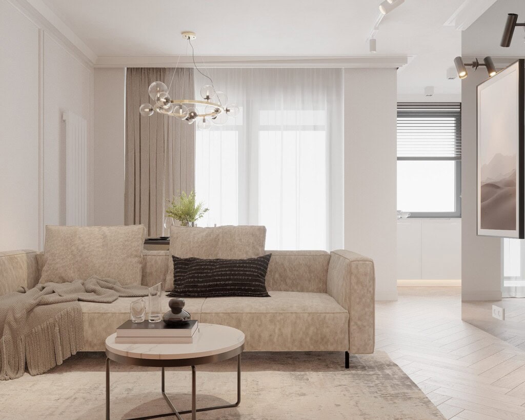 Aranżacja salonu 20m2 z zabudową RTV – elegancki salon w bloku z geometrycznym podziałem ścian