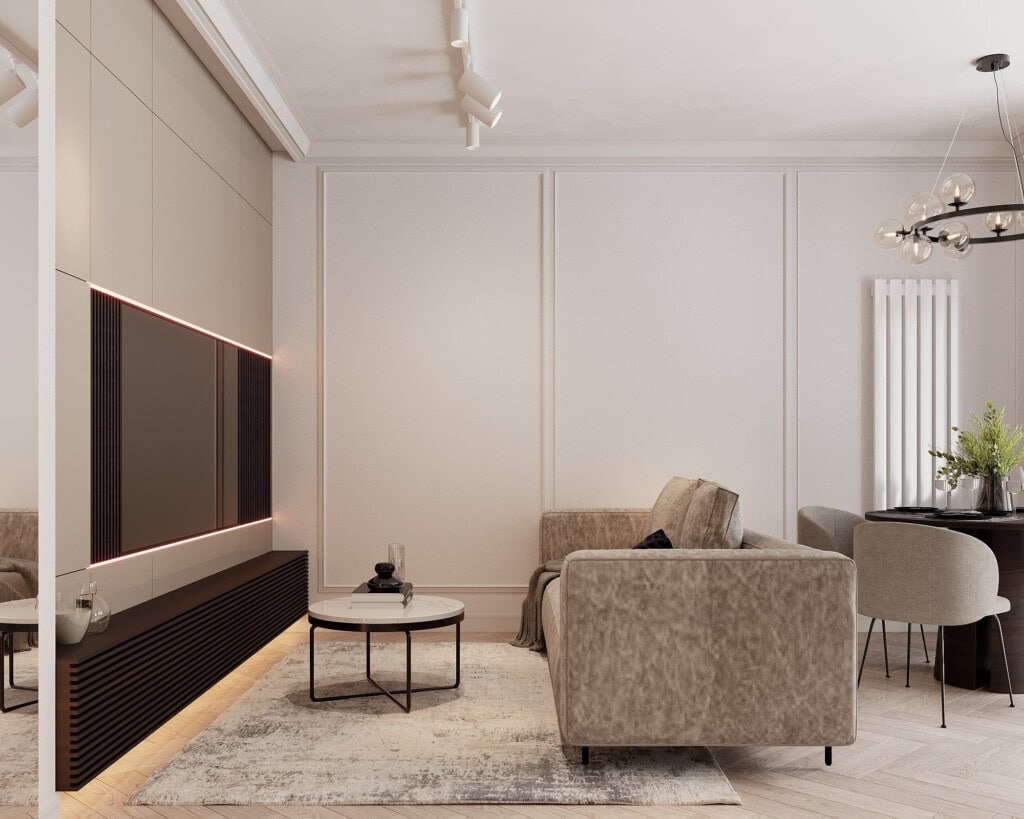 Aranżacja salonu 20m2 z zabudową RTV – elegancki salon w bloku z geometrycznym podziałem ścian