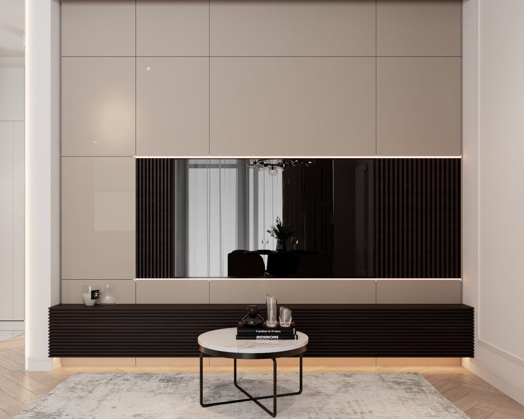 Aranżacja salonu 20m2 z zabudową RTV – elegancki projekt Golden Room