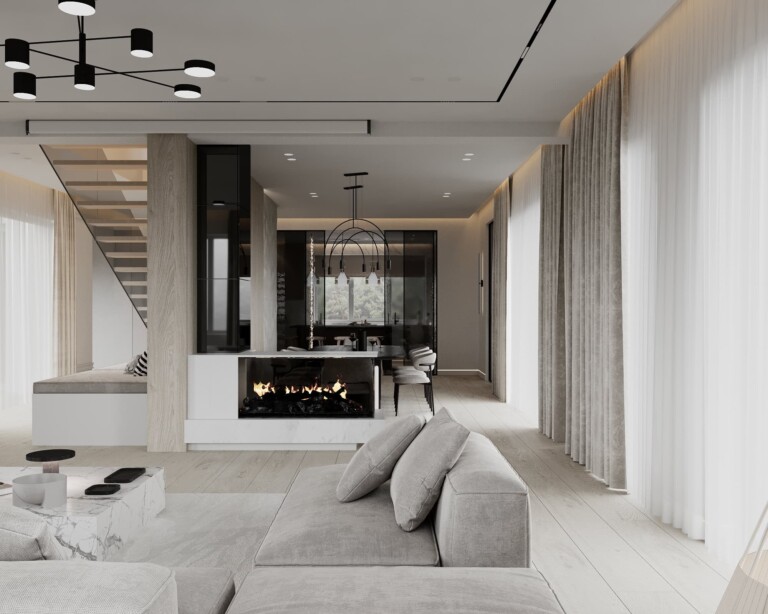 Architekt wnętrz Bydgoszcz – nowoczesny salon z kominkiem w domu jednorodzinnym Golden Room