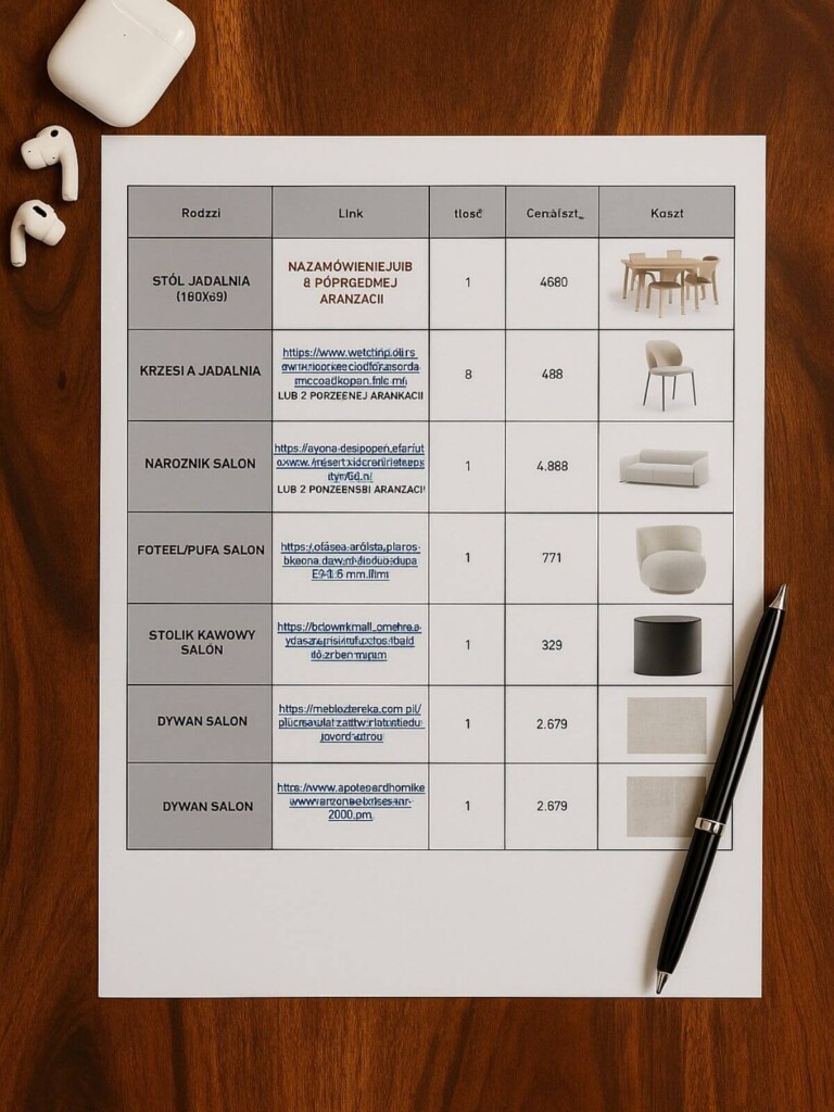 kosztorys mebli i wyposażenia – pakiet projekt pod klucz Golden Room