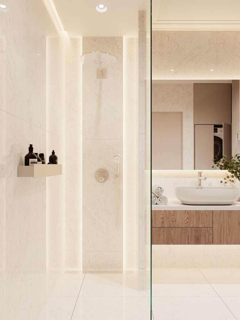 Łazienka 6m2 projekt z jasnym prysznicem walk-in, dużą deszczownicą i widoczną strefą umywalki z drewnianą szafką