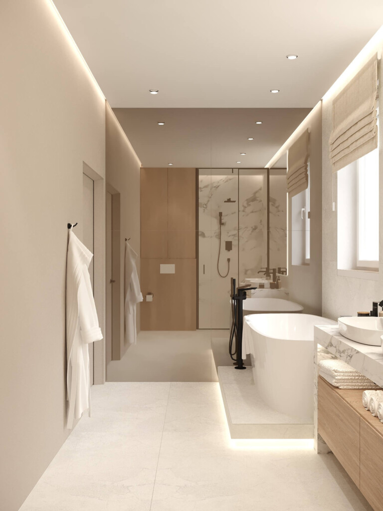 Projekt łazienki 8m2 z wanną wolnostojącą i prysznicem walk-in